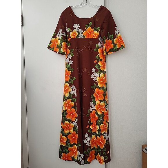 Vintage Ui Maikai Brown Orange Hibiscus Floral Print Hawaiian Maxi Dress 14 Luau - Picture 1 of 9